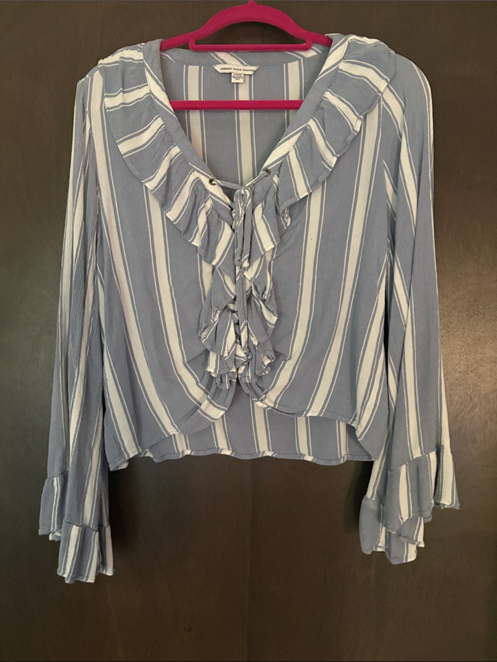 Ruffled Stripe V-Neck Blouse - Blue/White